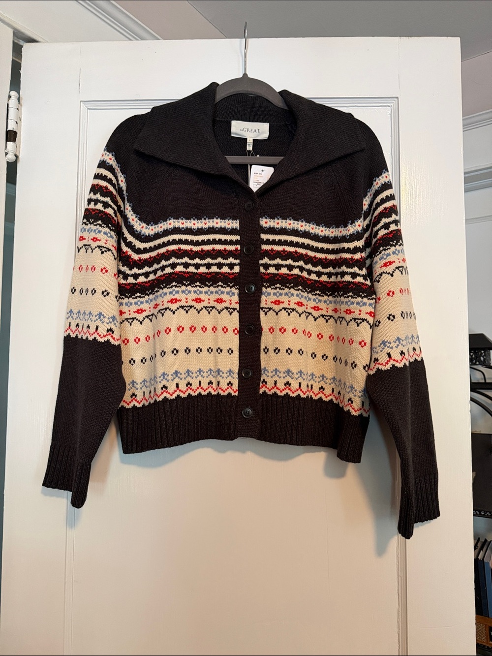 THE GREAT. Black and Cream Fair Isle Button-Front Cardigan